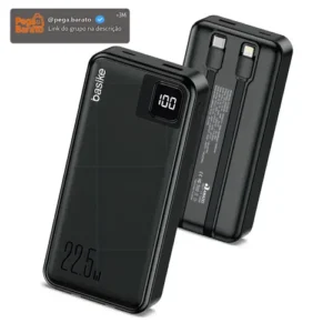 Power Bank Basike 20000mAh Preto, Carga Rápida 22.5W para iPhone e Samsung, Com Cabos Embutidos e Display - Imagem 1