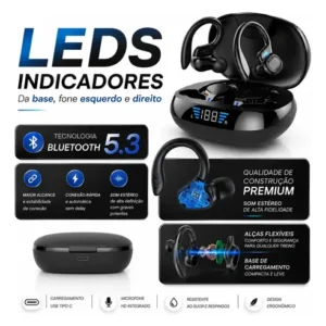 Fone de Ouvido Bluetooth 5.3 Tws Sem Fio Esportivo Compatível Com iPhone Samsung Xiaomi Motorola Com Gancho Premium KAPBOM Preto - Imagem 7