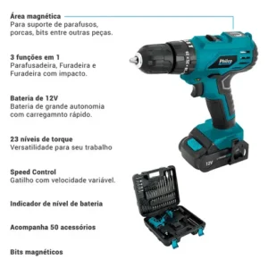 Furadeira Parafusadeira Impacto Sem Fio De 10mm Philco Ppf120mf + Acessórios - Imagem 2