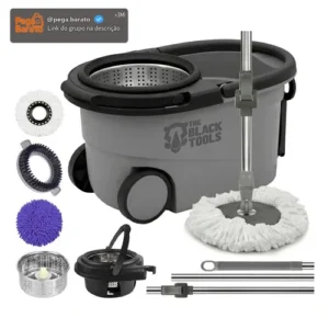 Esfregão Mop 360° Balde Inox Com Rodas Microfibra 16 Litros Cabo Longo Alça Cinza TBBL04 The Black Tools - Imagem 1