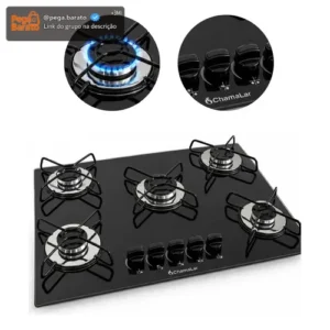 Fogão Cooktop Gás 5 Bocas Ultra Chama 127v/220v Preto - Imagem 1