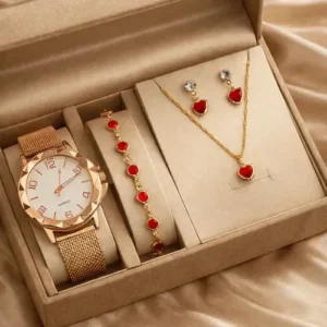 Kit Relógio Feminino Colar Brinco Pulseira Folheado Presente Rose - Imagem 2
