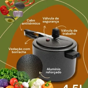 Panela de pressão 4,5 litros Alumínio Preta Segura Reforçada Cozimento Rápido Econômica Fechamento Interno - Imagem 6