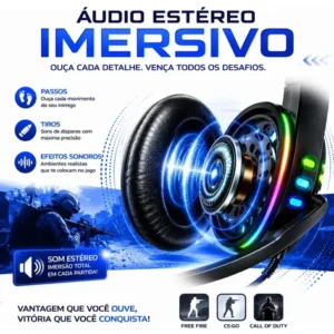 Headset Gamer RGB Led Com Microfone P2 P/ PC PS4 PS5 Xbox Celular Notebook Surround 5.1 Landara - Imagem 3