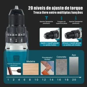 Parafusadeira Furadeira Impacto 13mm Brushless 21v 2 Bateria - Imagem 5