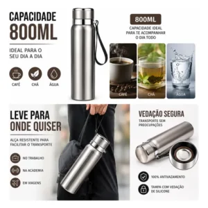 Garrafa Térmica 800ml Água Squeeze Inox Academia Com Alça - Imagem 7
