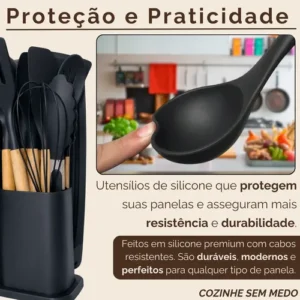 Kit Utensílios Silicone C/ Cabo De Madeira E Facas Em Inox - Imagem 4