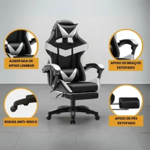 Cadeira De Escritório Gamer Nitro Ergonômica Estofado Couro Sintético Reclinável Altura Ajustável Apoio Para Pés Cor Branco Luvinco - Imagem 5