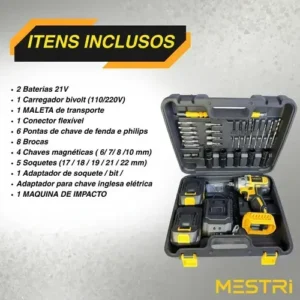 Chave De Impacto e Parafusadeira A Bateria 21v 4ah 3 em 1 Brushless Amarelo 50hz/60hz Sem Escova 2 Baterias Recarregável Bivolt MESTRI - Imagem 3