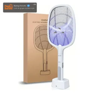 Raquete Elétrica Mata Pragas Mosquitos Com Base Usb Luz Led Cor Branco - Imagem 1