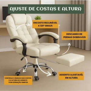 Cadeira De Escritório Itália Presidente Ergonômica Couro Sintético Encosto Ajustável Com Trava E Apoio Para Pés Cor Branca Luvinco - Imagem 4