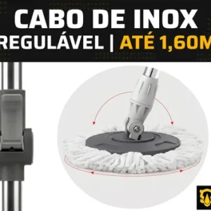 Esfregão Mop 360° Balde Inox Com Rodas Microfibra 16 Litros Cabo Longo Alça Cinza TBBL04 The Black Tools - Imagem 6