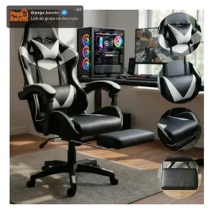 Cadeira de escritório Gamer ergonômica Reclinável Com Apoio dos Pés Branco Led Tools com estofado de couro sintético - Imagem 1