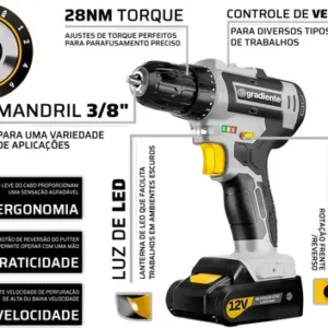 Parafusadeira Furadeira Sem Fio Gradiente Gpb12v-ac 3/8 12v Bivolt Para Madeira Metal Com Maleta E Acessórios - Imagem 4