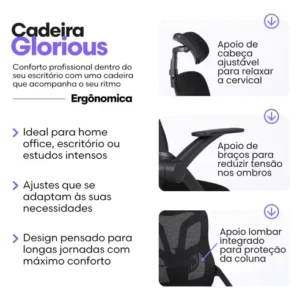 Cadeira De Escritorio Ergonomica Nr17 Glorious Marqs Home Giratoria Resistente Reforçada 180kg Confortavel Reuniao Mesh Preta - Imagem 5