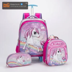 Kit Mochila Unicórnio 3d Rodinha 3 Peças Rosa - Imagem 1