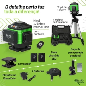 Kit Nível A Laser Verde 12 Linhas Esquadro + Suporte + Tripé Recarregavel Profissional Prumo Autonivelante Nano Bateria - Imagem 4