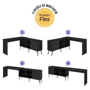 Mesa de Escritório em L com 3 Gavetas Porto Multimóveis MP6044 Preto - Imagem 6