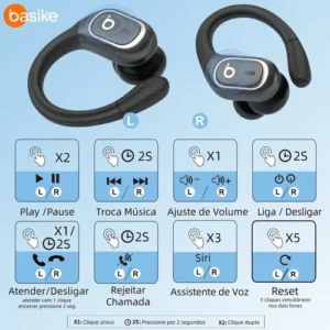 Basike Fone De Ouvido Bluetooth 6.0 Esportivo Sem Fio Gancho Intra-auricular,estéreo,Com display Led, Tws, Ipx5, Enc, Suporta Chamadas De Voz, Compatível Android E Ios, Cor Preto - Imagem 10