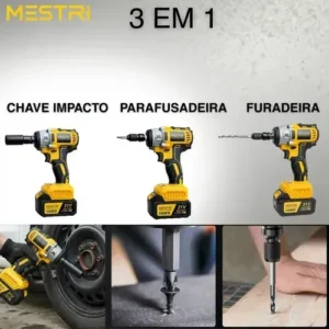 Chave De Impacto e Parafusadeira A Bateria 21v 4ah 3 em 1 Brushless Amarelo 50hz/60hz Sem Escova 2 Baterias Recarregável Bivolt MESTRI - Imagem 5