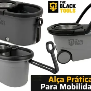 Esfregão Mop 360° Balde Inox Com Rodas Microfibra 16 Litros Cabo Longo Alça Cinza TBBL04 The Black Tools - Imagem 8