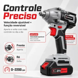 Chave De Impacto Furadeira Brushless 520nm 21v 2 Bateria - Imagem 7