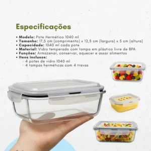 Kit 4 Potes Vidro 1040ml Hermético Marmita Forno Refratário - Imagem 7