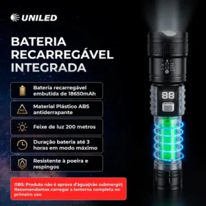 Lanterna Tática Recarregável Atualizada Led Visor Digital Zoom Telescopico ABS 3 Modos Iluminação Uniled - Imagem 2