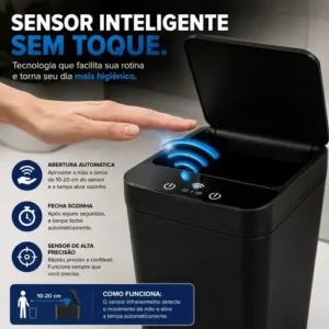 Lixeira Automatica Sensor 13L Inteligente Banheiro Cozinha Tampa Eletrica Infravermelho Abertura Automatica Sem Toque Compacta Plastico Resistente Vedacao Odor Residencial RMI - Imagem 8