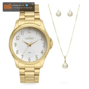Kit x3 Relógio Feminino Dia A Dia Dourado Fundo Prata Condor - Imagem 1