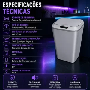 Lixeira 16l Sensor Infravermelho Lítio Usb-c Auto 3 Abertura - Imagem 10