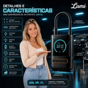 Compressor de Ar Digital Portátil Lumi, para Pneus de Carro, Moto e Bike, com Tela LED - Imagem 4