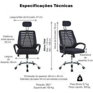 Cadeira Escritório MULLTX Giratória Preto Suporte Lombar Altura Ajustável - Imagem 7
