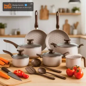 Jogo De Panelas 10 Peças Antiaderente Teflon ivory – Linha Familiar Para Cozinha Completa, Ideal Para Fritura, Arroz, Vapor – Alumínio Com Tampa De Vidro – Fogão Gás Elétrico - Imagem 1