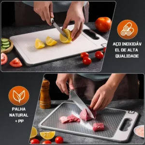 Tabua De Corte Para Cozinha Dupla Face Corte Inox E Palha - Imagem 3