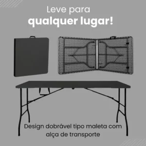 Mesa Dobrável vira Maleta 1,80 Portatil Textura Madeira Festa Camping Jardim Praia Revomax - Imagem 6