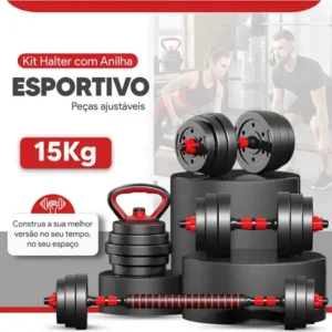 Kit Halteres Barra E Anilhas Musculação Kettlebell Ajustáveis Peso Academia 15kg - Imagem 3