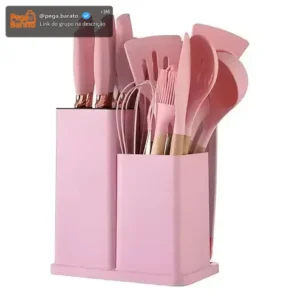 Kit 19 Utensílios Para Cozinha Com Tábua E Espátula Rosa - Imagem 1
