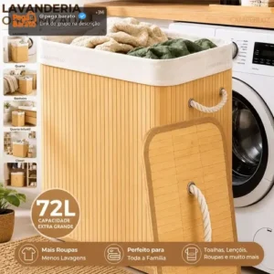 Cesto Organizador De Roupa Bambu Dobrável Retangular Com Tampa Forro e Alças 72 Litros Grande Capacidade Reforçado Caixa Organizadora para Brinquedos - Marca Camperluz - Imagem 1