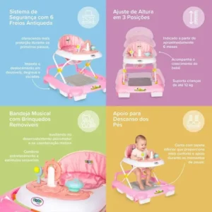 Andador Infantil Musical Para Bebê Empurrador Compacto 3 Ajustes de Altura La Bamba Maxi Baby - Rosa - Imagem 5