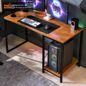 Escrivaninha Gamer Tokyo Mdf Mesa Para Computador Home Office E Estudos Com Suporte Para Cpu E Prateleira Lateral Estrutura Em Aço Estilo Industrial Design Moderno Amplo Cor Canela Preto - Imagem 1