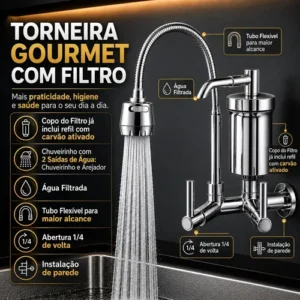 Torneira De Cozinha Com Filtro Gourmet 2 Jatos Tubo Flexível Refil Carvão Ativado Água Filtrada Purificada Marca Forte Lar Metais Parede Prateado Cromado Parede Cromado - Imagem 10