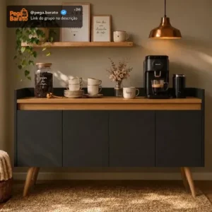 Buffet Aparador Sala De Jantar Móveis Primus Gold 4 Portas Preto Mel 160cm MDP Com Pés Madeira Maciça E Prateleira - Imagem 1