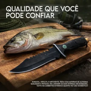 Faca Tática Pescador Aço Inox 31cm Lâmina 18cm Com Bainha Bússola Quebra Vidro Abridor Garrafa Camping Sobrevivência Corta Limpa Peixe Churrasco Cabo Anatômico Emborrachado - Imagem 6