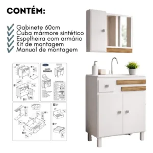 Gabinete Banheiro 60cm Completo Com Cuba E Espelho Monaco - Imagem 4