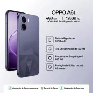 Smartphone OPPO A6t 128gb, 12gb Ram (4gb + 8gb Virtual Ram), Bateria Gigante de 6500mAh, Processador Snapdragon, Tela 120Hz, AI Câmera, IP64 - Violeta - Imagem 3