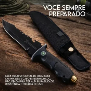 Faca Tática Pescador Aço Inox 31cm Lâmina 18cm Com Bainha Bússola Quebra Vidro Abridor Garrafa Camping Sobrevivência Corta Limpa Peixe Churrasco Cabo Anatômico Emborrachado - Imagem 5