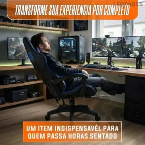 Cadeira Escritório Gamer Ergonômica Reclinável Com Apoio dos Pés Em Couro Azul Led Tools - Imagem 11