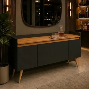 Buffet Aparador Sala De Jantar Móveis Primus Gold 4 Portas Preto Mel 160cm MDP Com Pés Madeira Maciça E Prateleira - Imagem 2