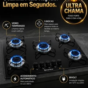 Fogão Cooktop Gás 5 Bocas Ultra Chama 127v/220v Preto - Imagem 6